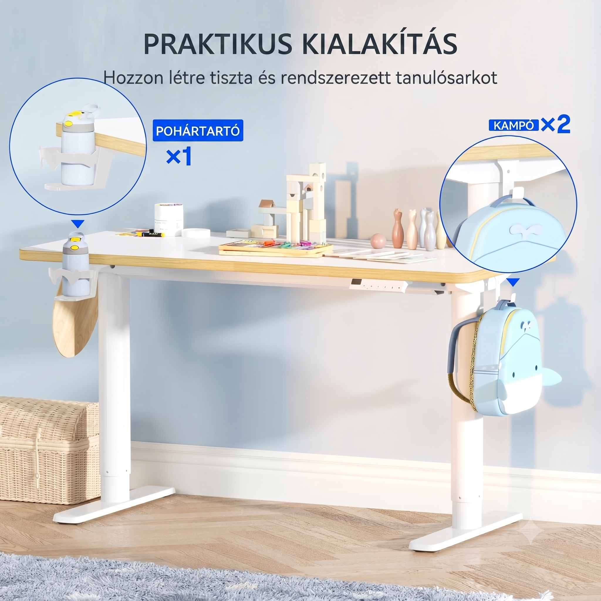 Elektromos gyermek tanulóasztal, SK1W, Állítható magasság,  Ergonomikus állóasztal gyerekeknek kampóval, Memóriagombokkal, 120 x 60 cm (fehér)