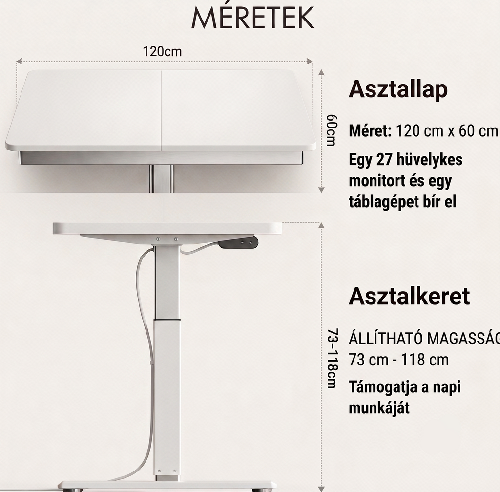 Elektromos állítható magasságú íróasztal, FQ1, 120x60 cm, számítógépasztal akasztóval és memóriafunkcióval irodába és otthonra
