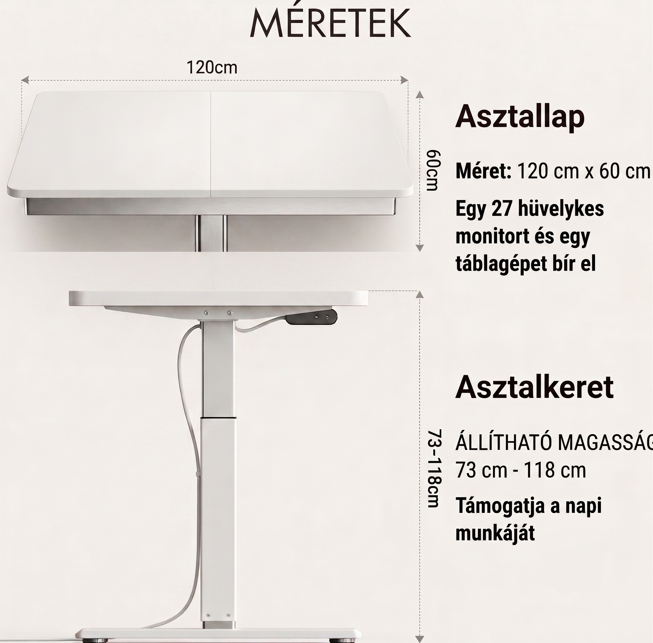 Elektromos állítható magasságú íróasztal, FQ1, 120x60 cm, számítógépasztal akasztóval és memóriafunkcióval irodába és otthonra
