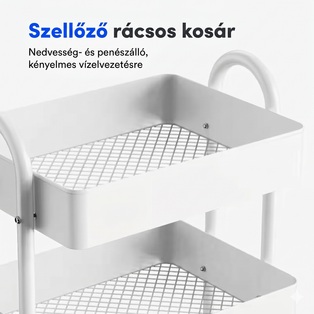 Három szintes tárolókocsi RW1W, Fehér – görgős, irodai és otthoni használatra