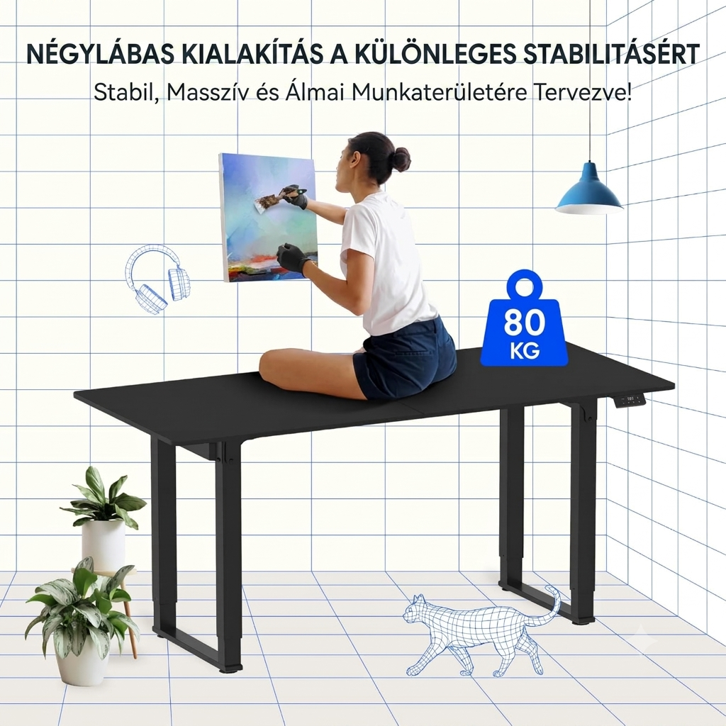 QS2 Kétmotoros elektromos állóasztal, 4 lábú, állítható magasságú, illesztett asztallappal