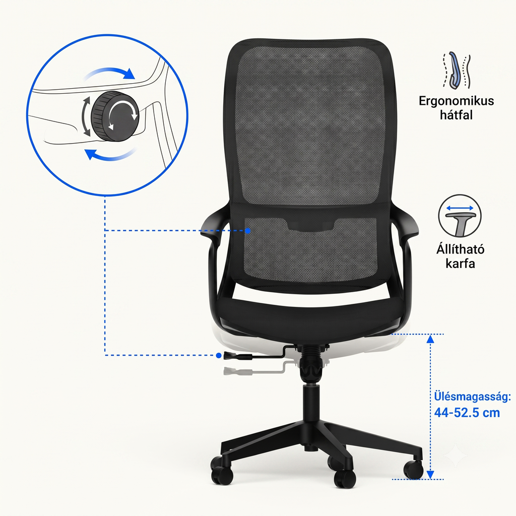 Ergonomikus irodai szék, íróasztali szék, OC16, stílusos, elasztomer hálós anyag, lélegző, deréktámasz, rögzítő funkció, állítható hintázás, állítható ülésmagasság, csendes görgők