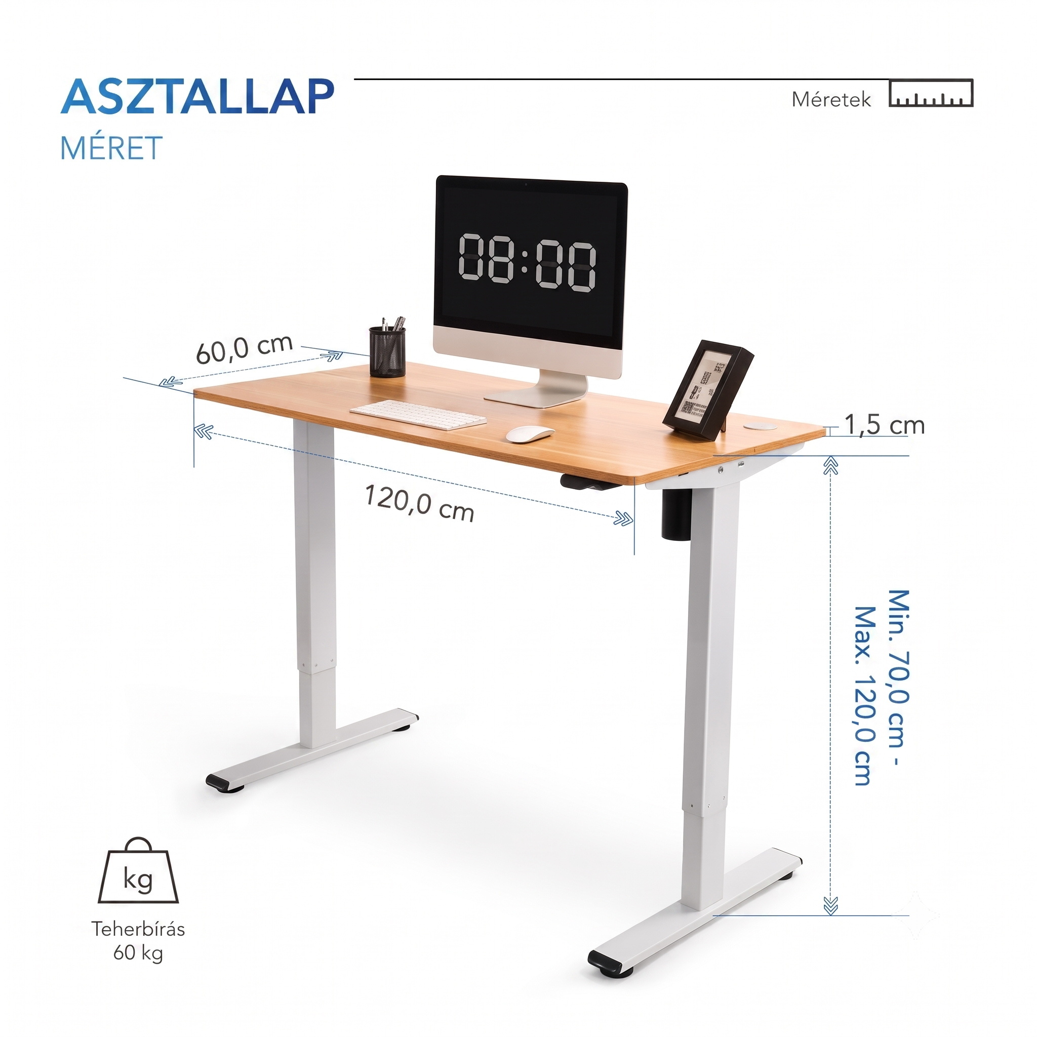 Elektromos íróasztal EG1, Egyrészes asztallap, Állítható magasság (70–120 cm)
