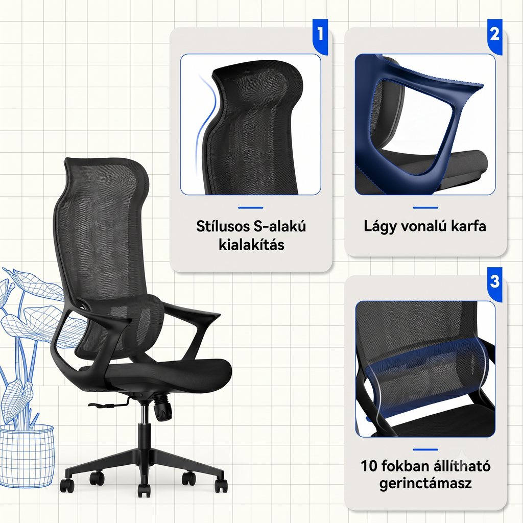 Ergonomikus irodai szék, íróasztali szék, OC16, stílusos, elasztomer hálós anyag, lélegző, deréktámasz, rögzítő funkció, állítható hintázás, állítható ülésmagasság, csendes görgők