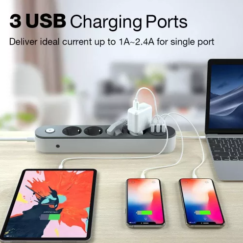 Joyguard 4-as hálózati elosztó 3 USB porttal, 2 méter, gyermekbiztonsági zár,  tűzálló, fekete