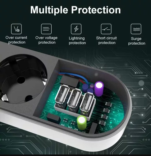 Joyguard 4-as hálózati elosztó 3 USB porttal, 2 méter, gyermekbiztonsági zár,  tűzálló, fekete