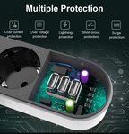 Joyguard 4-as hálózati elosztó 3 USB porttal, 2 méter, gyermekbiztonsági zár,  tűzálló, fekete