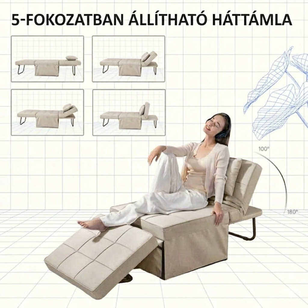 4 az 1-ben összecsukható kanapéágy – egyszemélyes fotelágy, összecsukható puffal, 6 fokozatban állítható háttámlával és párnával