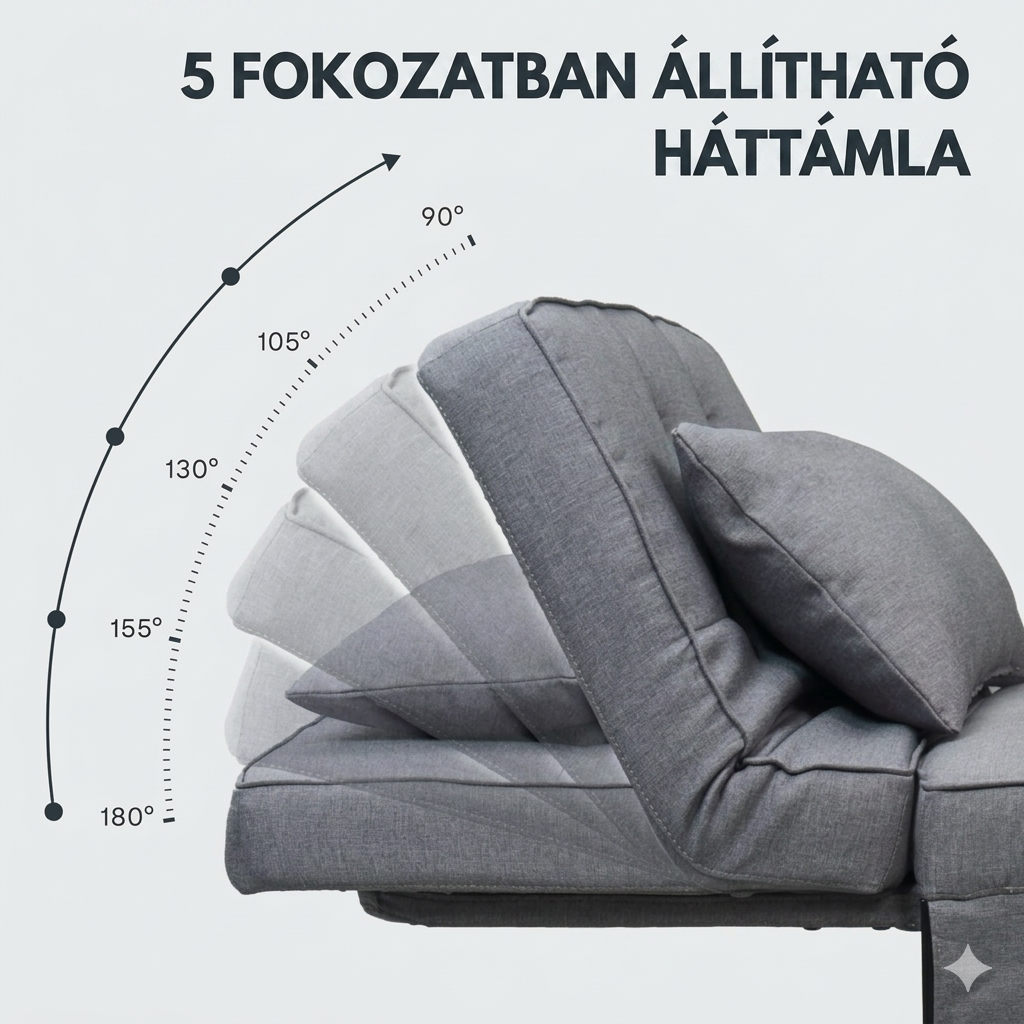 4 az 1-ben összecsukható kanapéágy – egyszemélyes fotelágy, összecsukható puffal, 6 fokozatban állítható háttámlával és párnával
