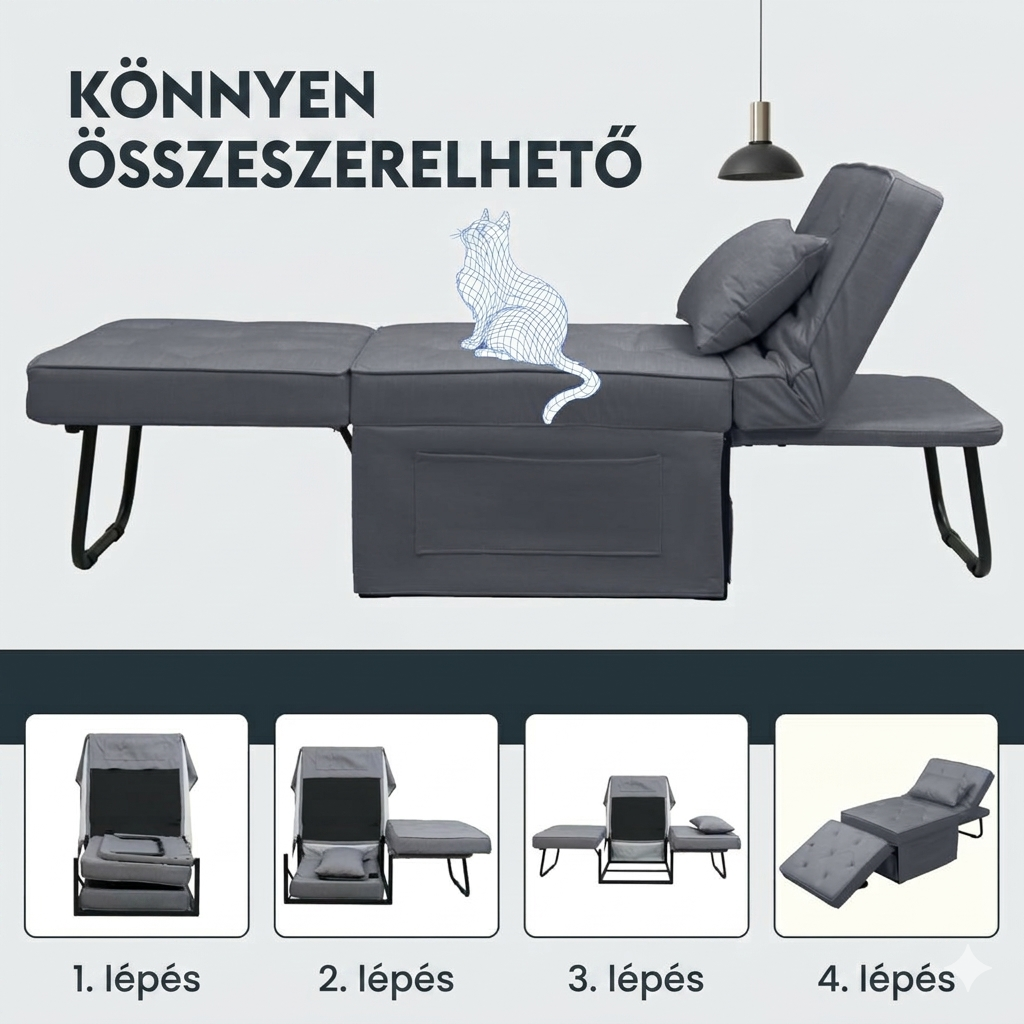 4 az 1-ben összecsukható kanapéágy – egyszemélyes fotelágy, összecsukható puffal, 6 fokozatban állítható háttámlával és párnával