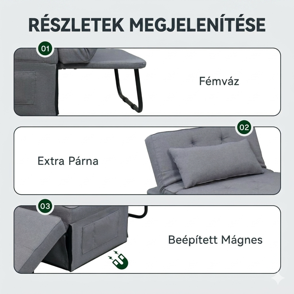 4 az 1-ben összecsukható kanapéágy – egyszemélyes fotelágy, összecsukható puffal, 6 fokozatban állítható háttámlával és párnával