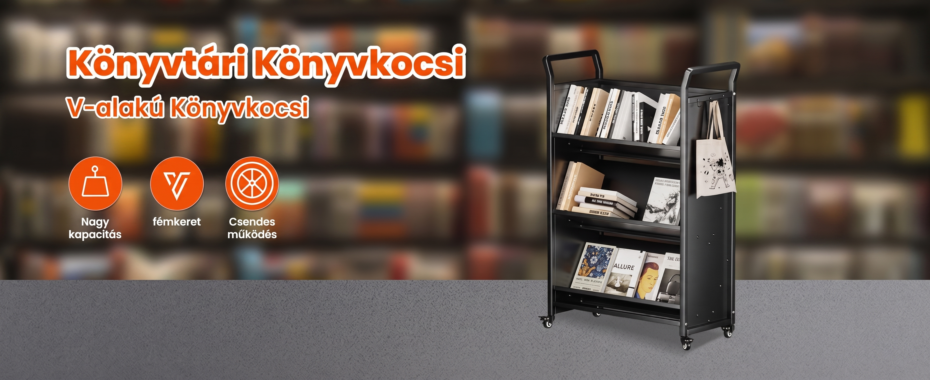 Könyvtároló szekrény kerekekkel - három szintes