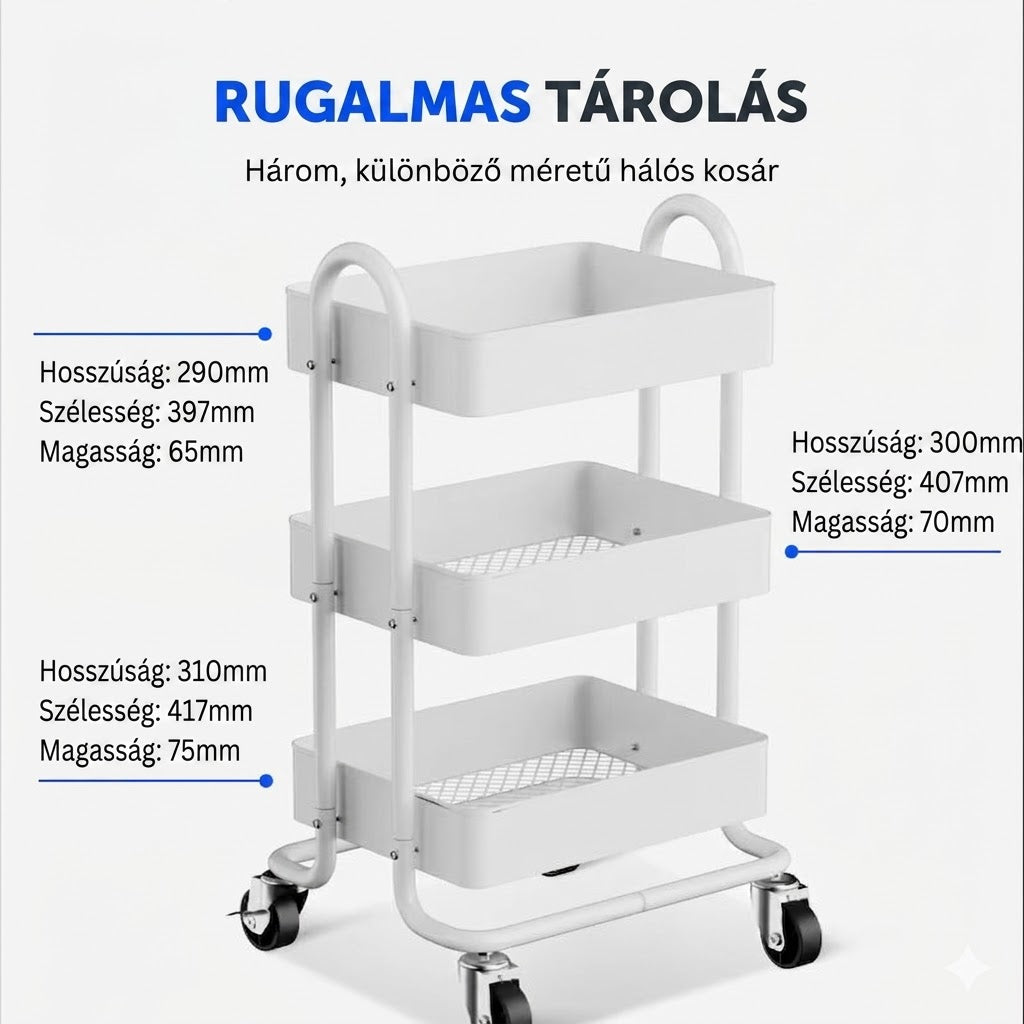 Három szintes tárolókocsi RW1W, Fehér – görgős, irodai és otthoni használatra