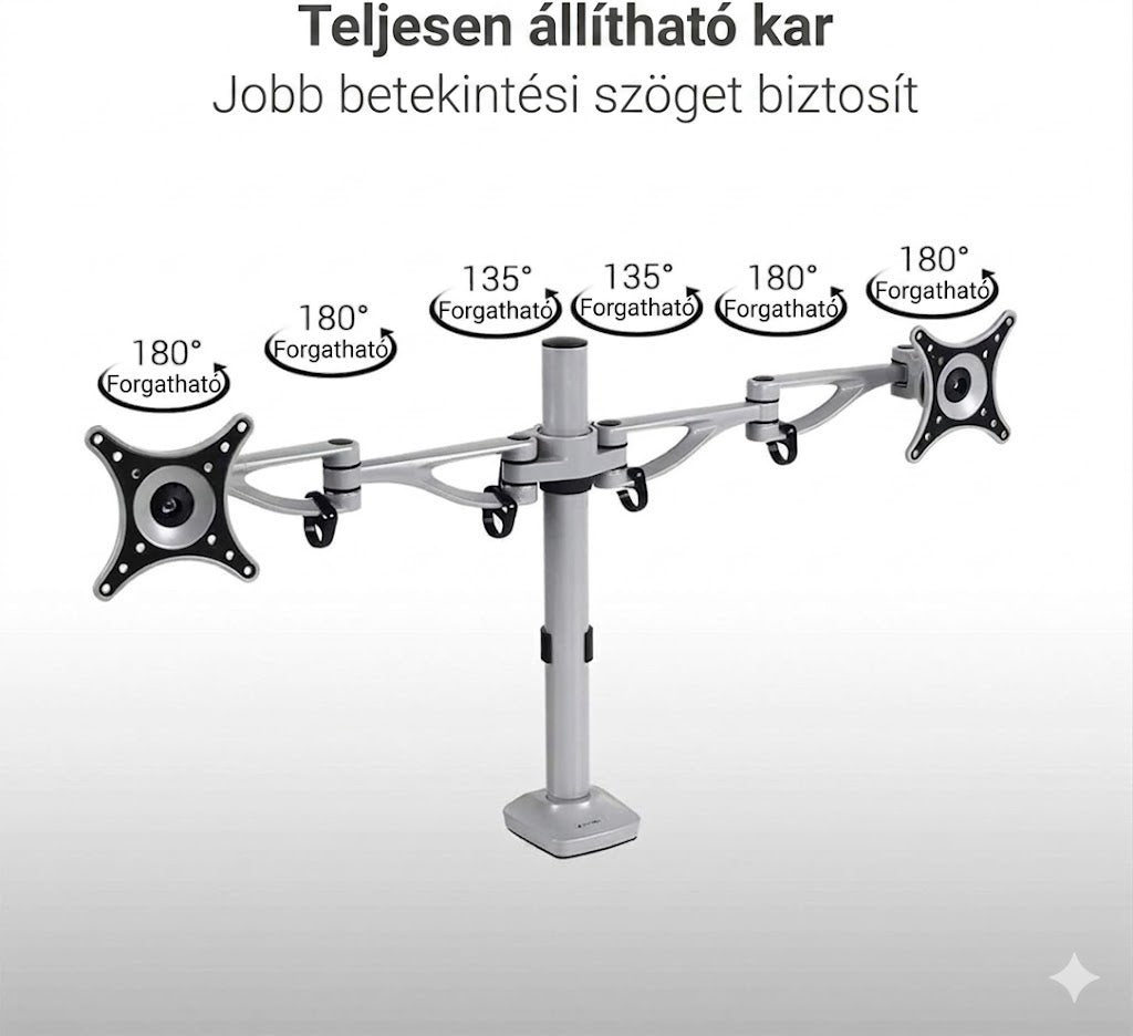 Állítható monitortartó állvány M13, kétkaros, 10"-27"-os LCD monitorokhoz, bilincsekkel rögzíthető, 8 kg teherbírás monitoronként