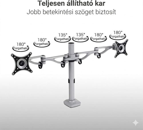 Állítható monitortartó állvány M13, kétkaros, 10"-27"-os LCD monitorokhoz, bilincsekkel rögzíthető, 8 kg teherbírás monitoronként