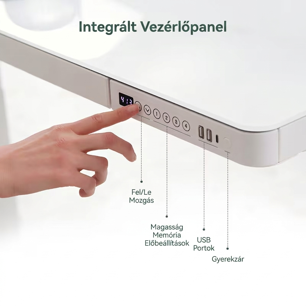 Comhar All-in-One elektromos állítható íróasztal fiókkal, 120x60cm USB-töltővel és memória panellel