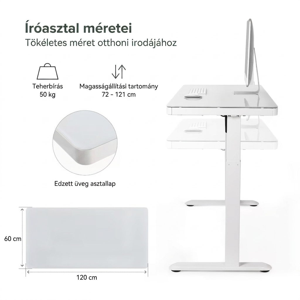 Comhar All-in-One elektromos állítható íróasztal fiókkal, 120x60cm USB-töltővel és memória panellel