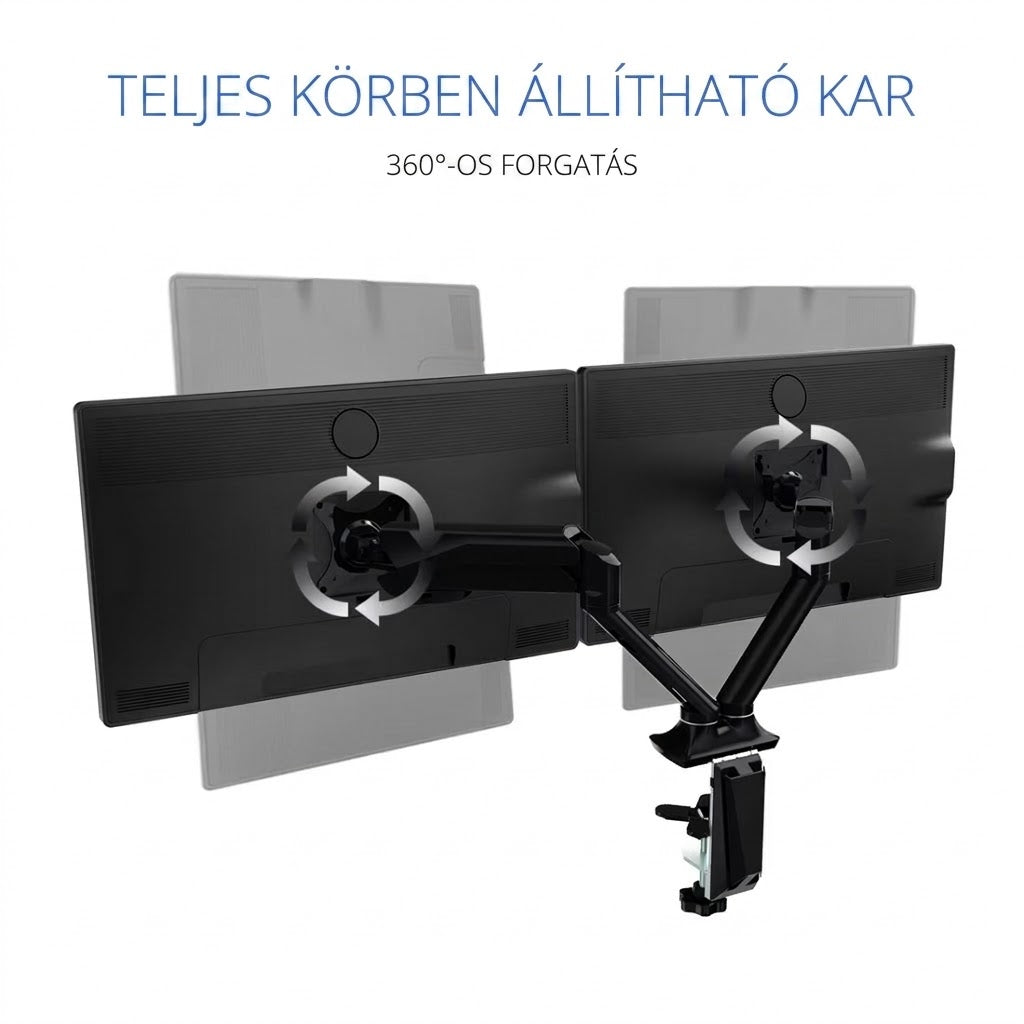 Állítható Monitor Kar F6, Egy monitorhoz, 30″-ig, VESA 75×75 / 100×100, Magasság-, Döntés- és Forgatásállítással, Asztali Rögzítéssel