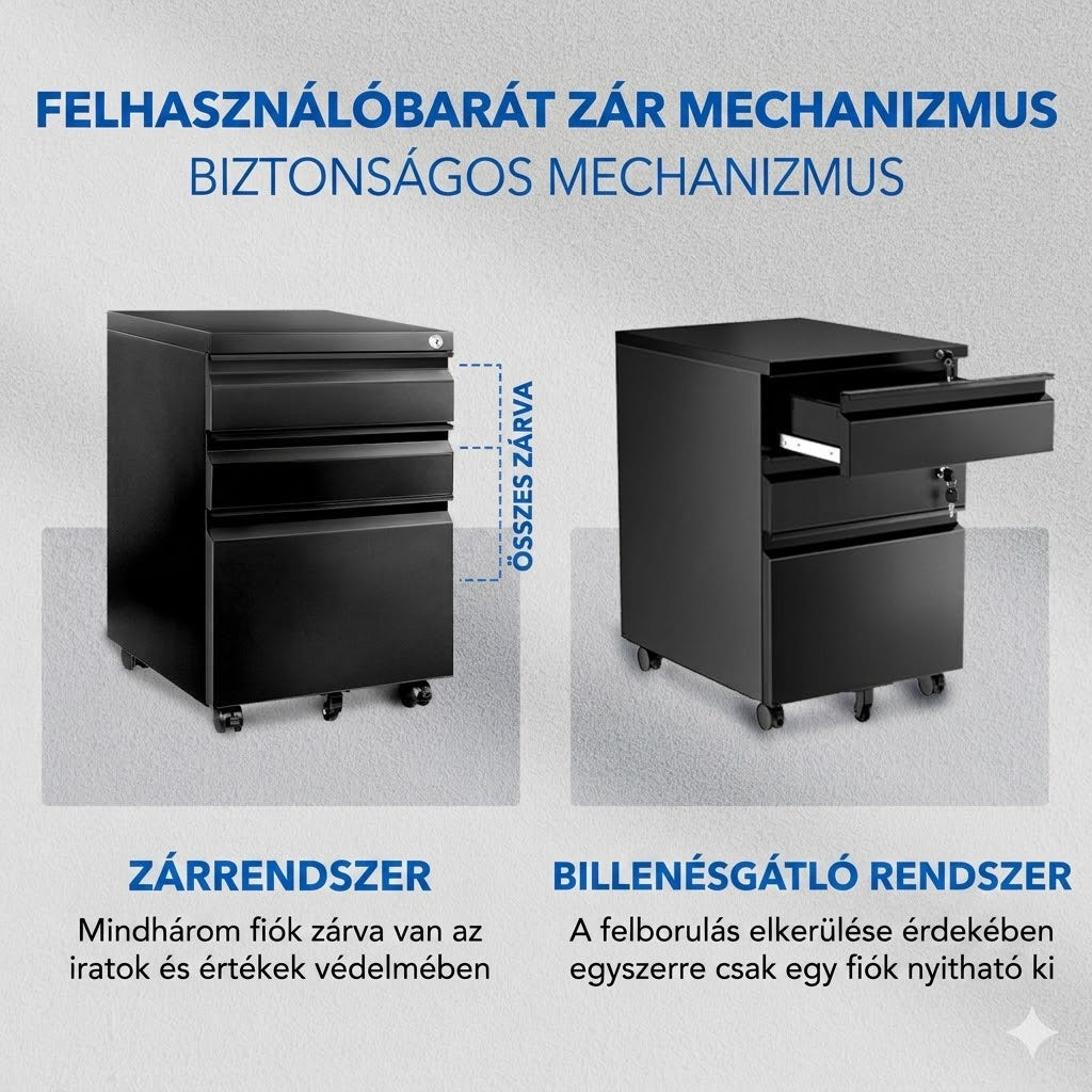 Fém mobil irattároló szekrény CB34 – 3 fiókos, zárható, görgős, irodai és otthoni használatra