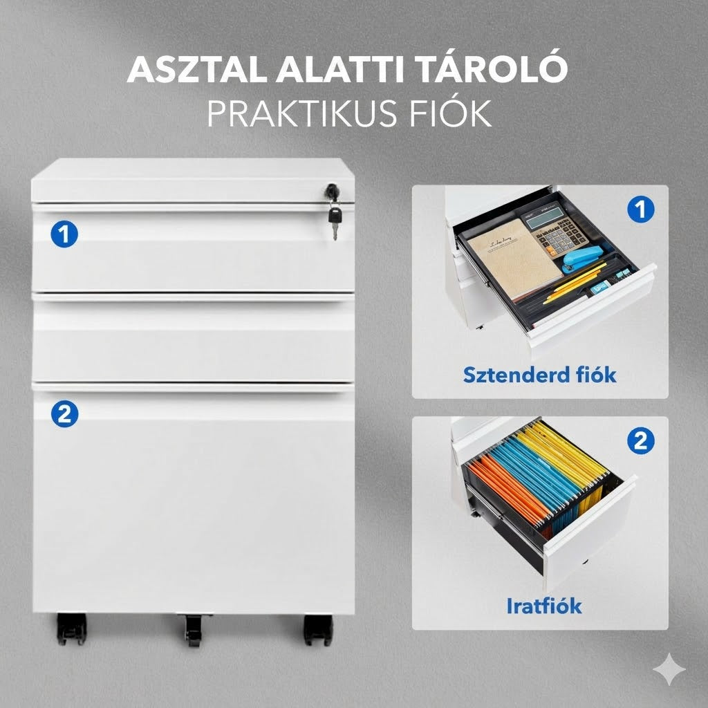 Fém mobil irattároló szekrény CB34 – 3 fiókos, zárható, görgős, irodai és otthoni használatra